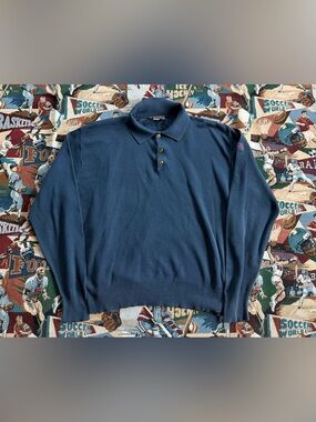 Vintage 90s Men’s Andrew Rohan Navy Blue Long Sleeve Polo Shirt